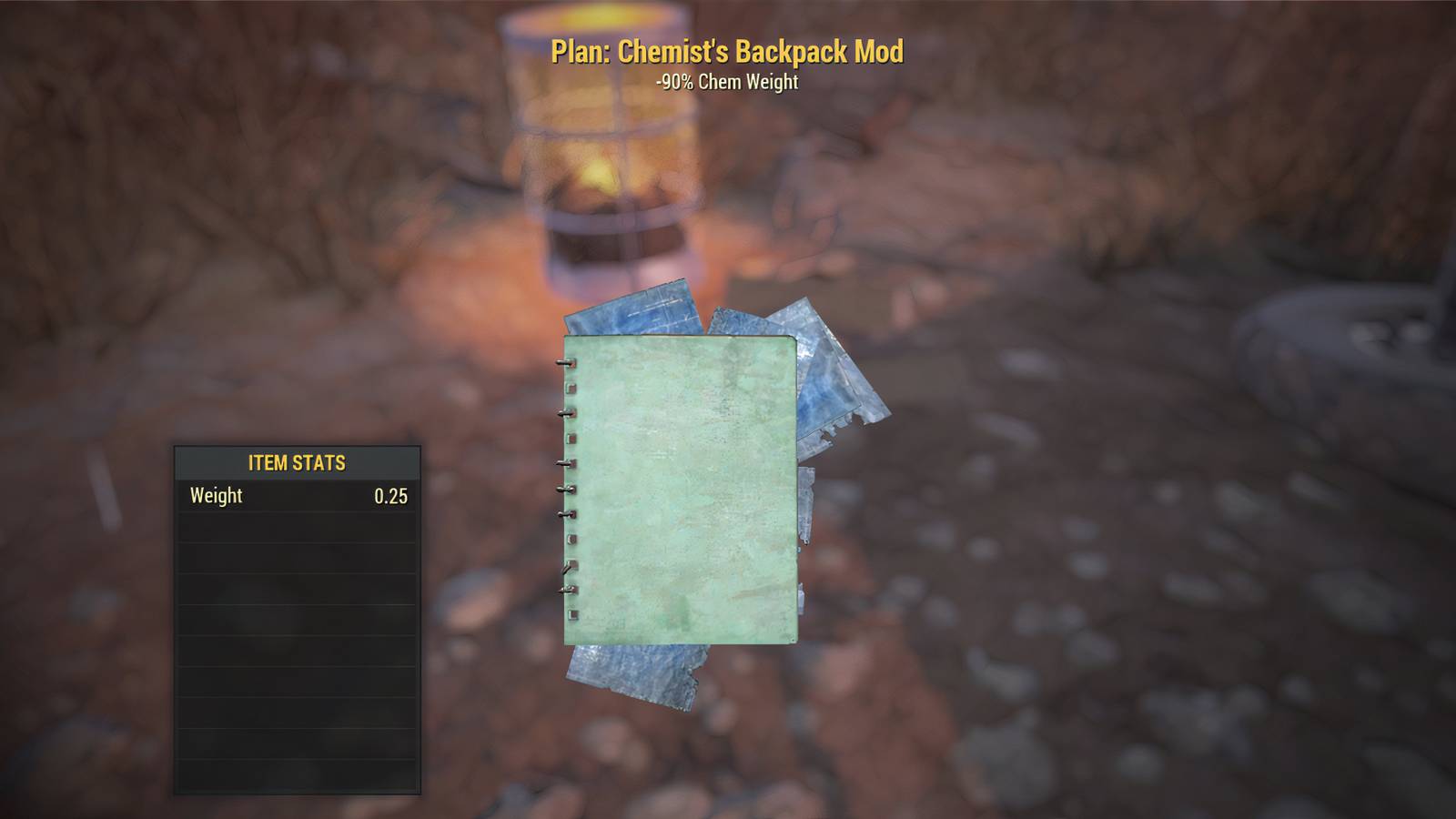 Inspecting the Plan for the Chemist's Backpack Mod in Fallout 76