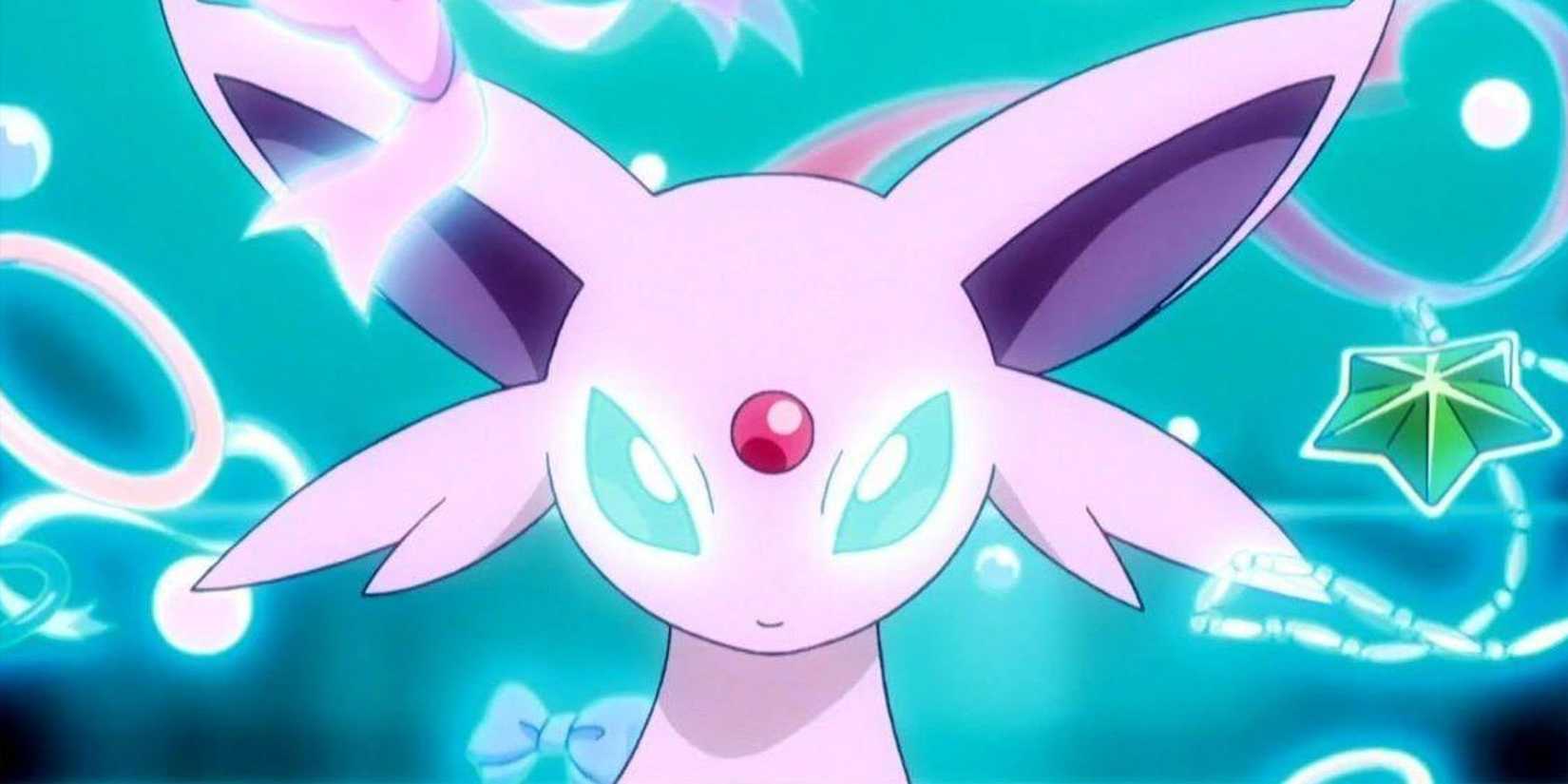 A screenshot of Espeon using his psychic powers in the Pokemon anime.