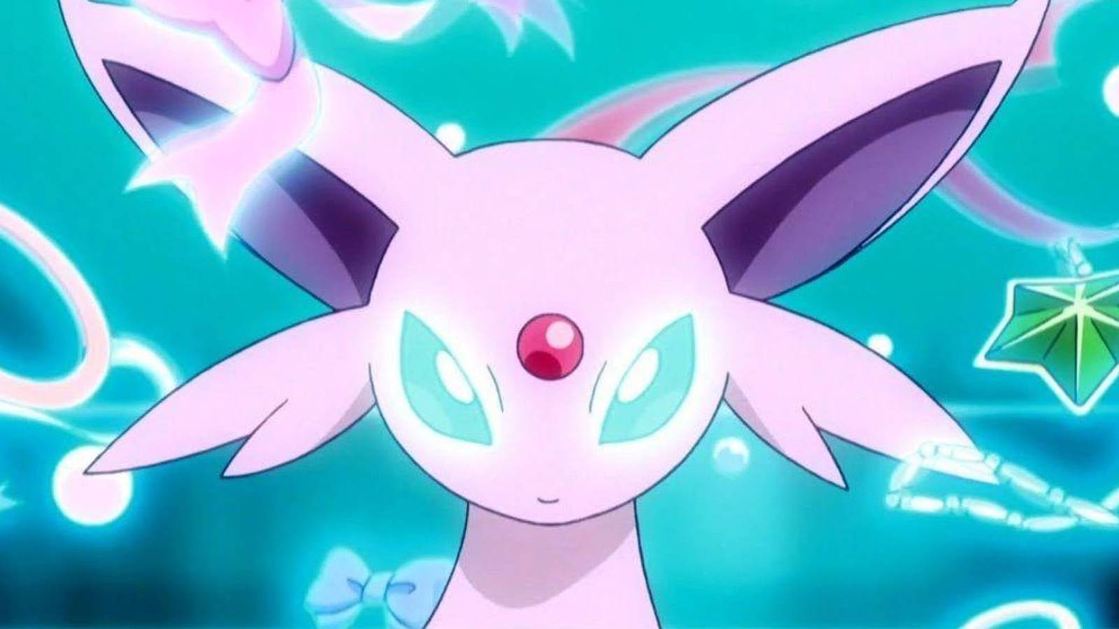 A screenshot of Espeon using its Psychic powers in the Pokemon anime.