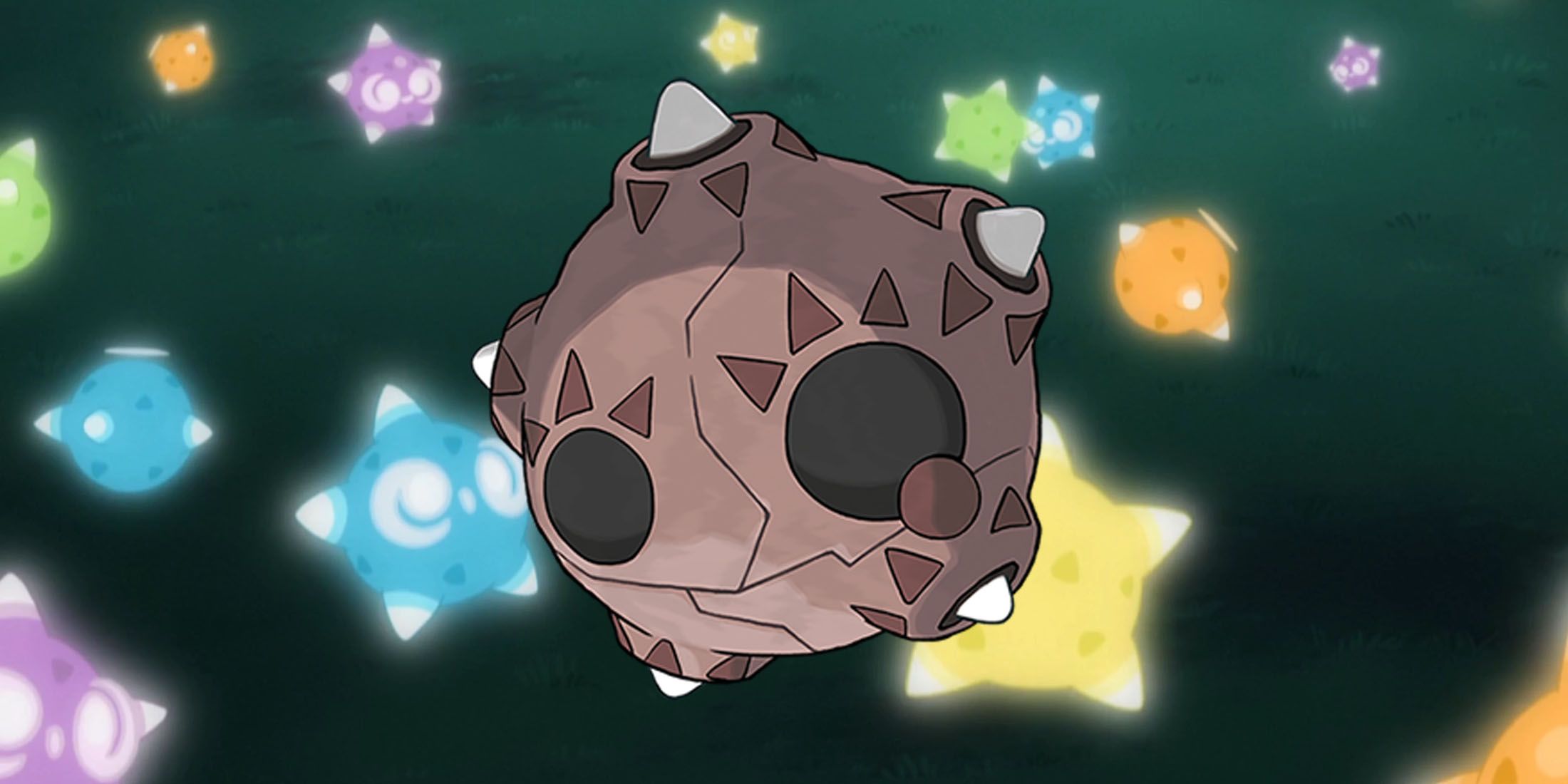 An image of a Meteor Form Minior placed in front of several Core Form Minior from the Pokemon anime.