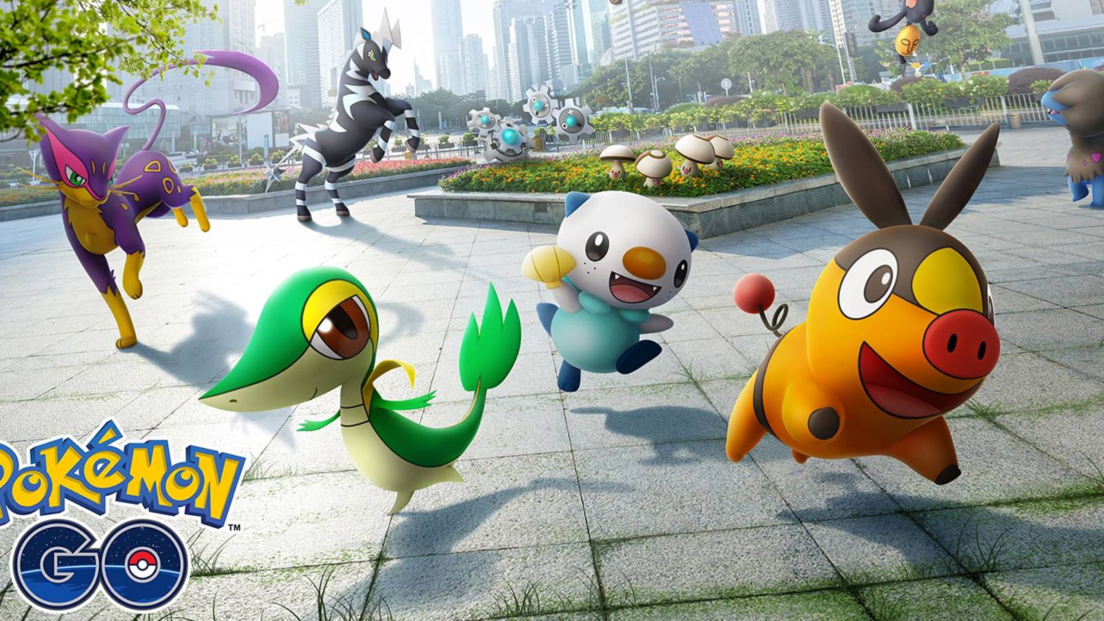A key visual for Pokemon GO featuring several Unova Pokemon including the starters, Liepard, Zebstrika, Yamask, and Deino,
