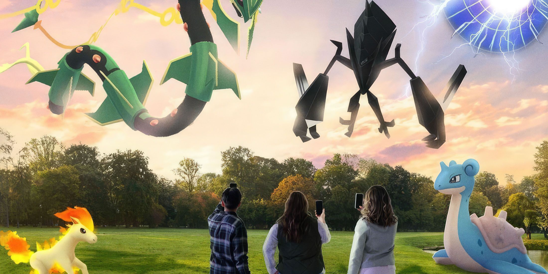 A promotional image for the upcoming Pokemon GO Shared Skies season, featuring Rayquaza and other Pokemon in a field at sunset.