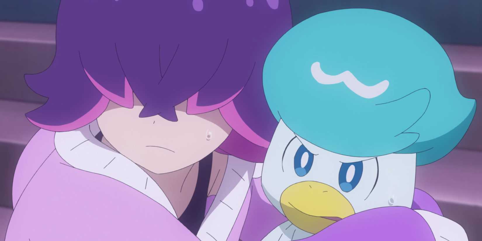 A screenshot from the Pokemon anime showing Dot and her Quaxly.