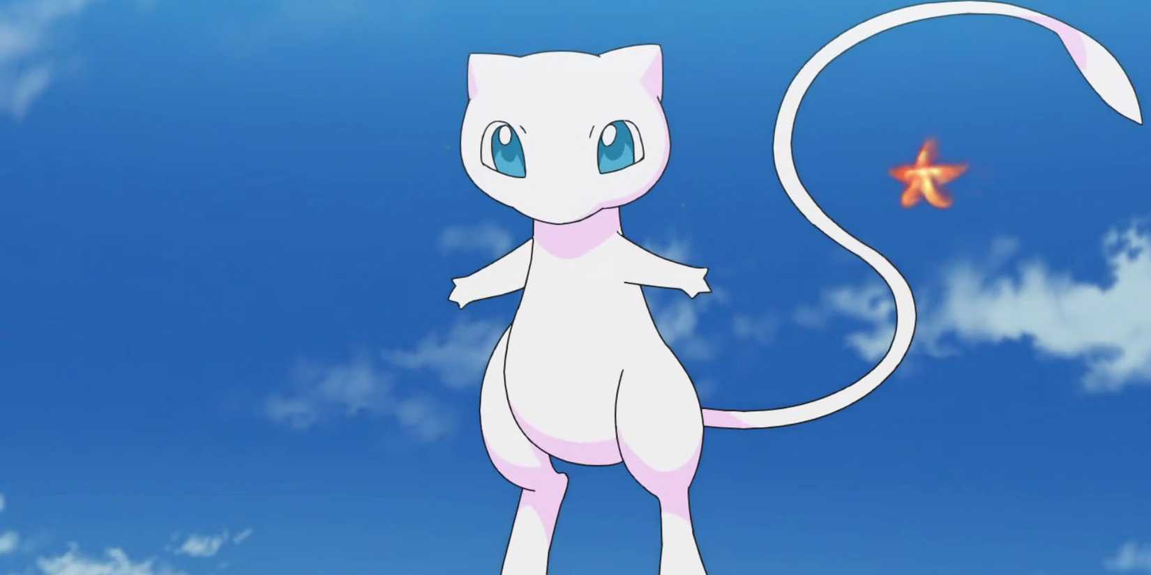 A screenshot of Mew floating in the sky in the Pokemon anime.
