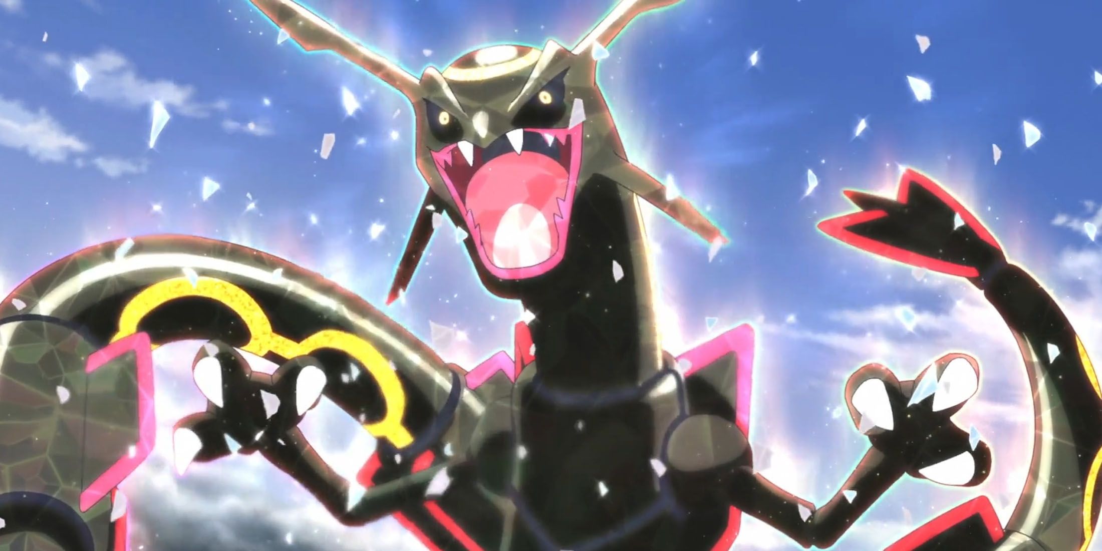 A screenshot of Shiny Rayquaza in the Pokemon anime.