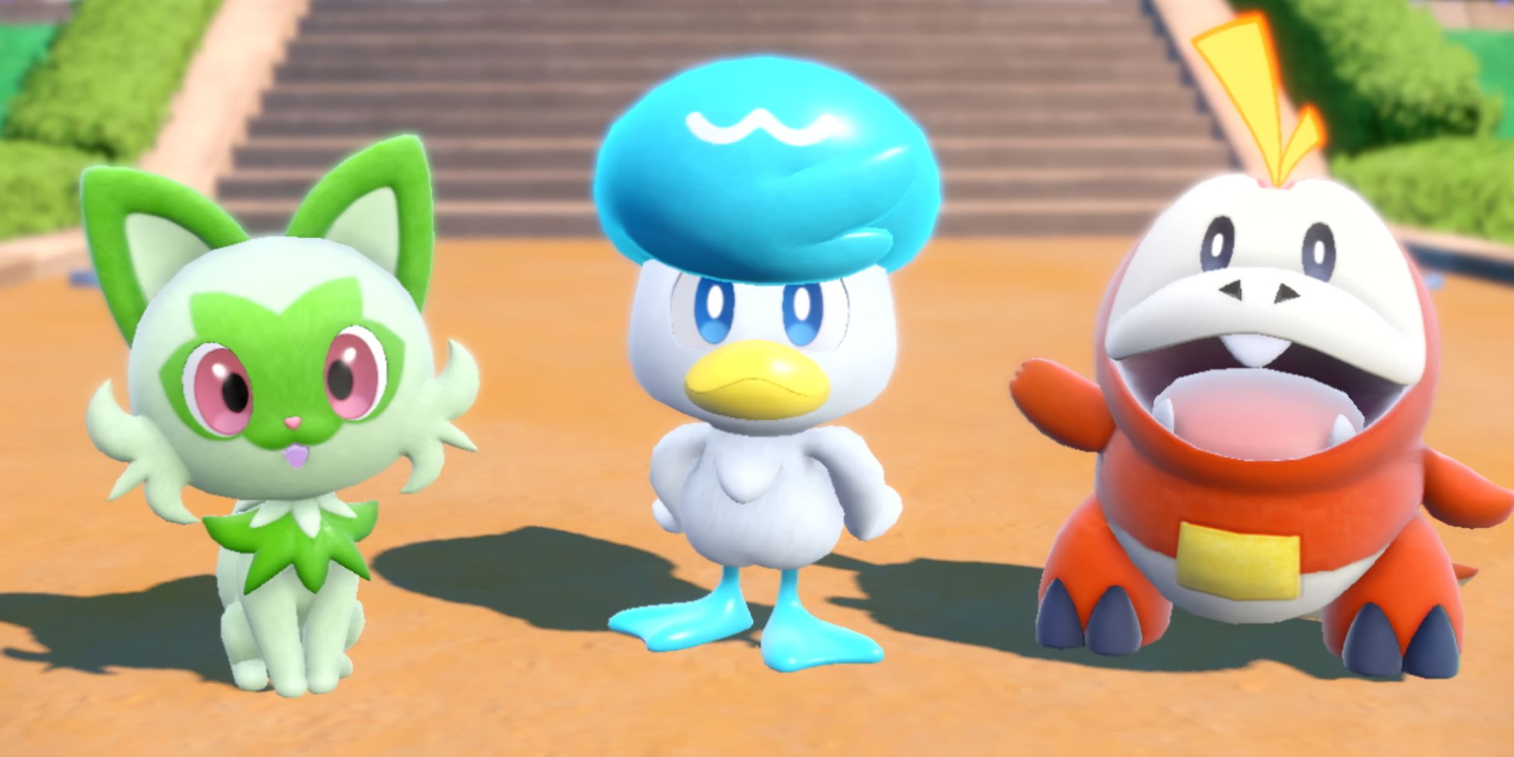 The three Starter Pokemon from Pokemon Scarlet and Violet: Sprigatito, Fuecoco, and Quaxly.