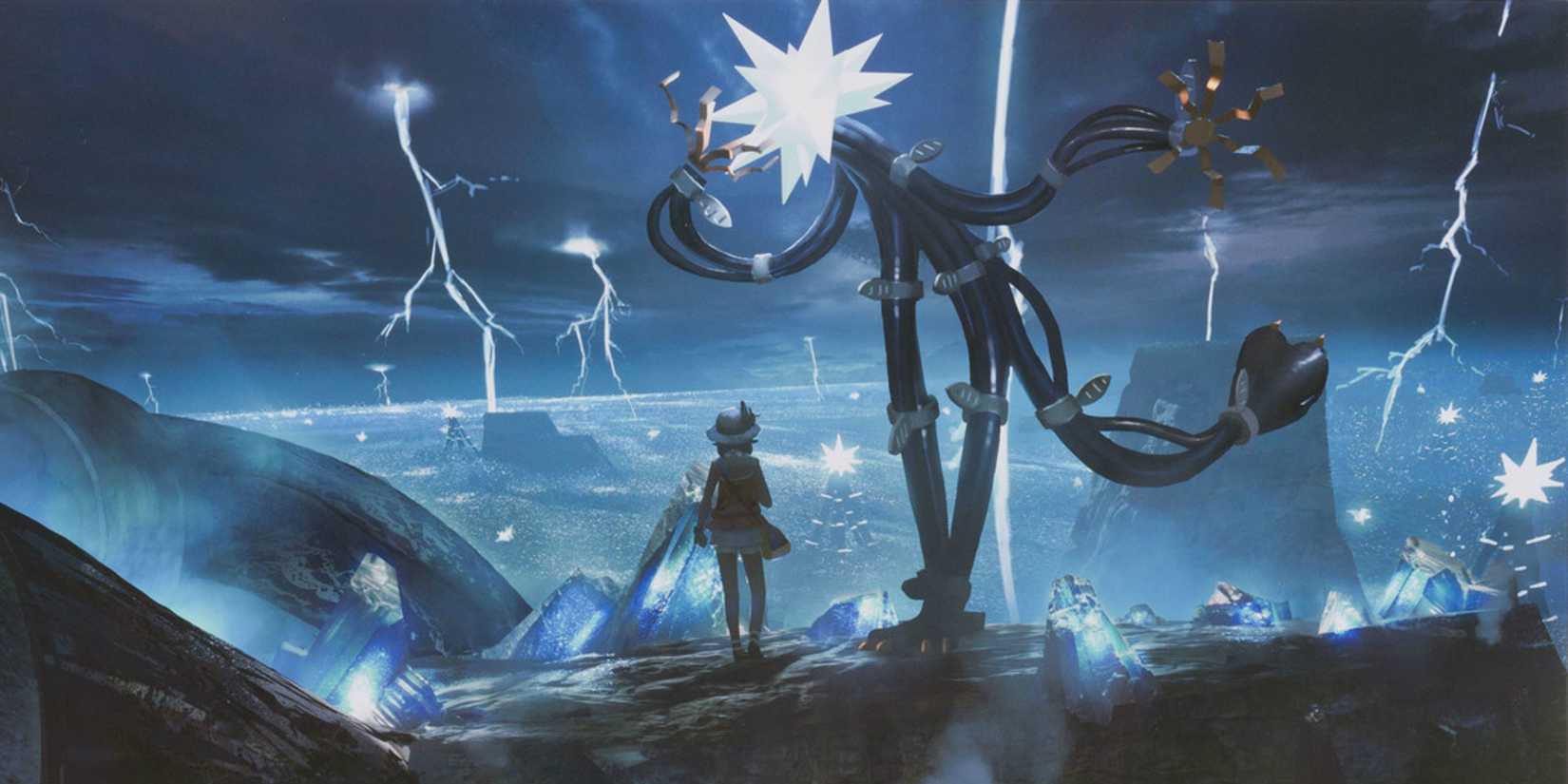 Pokemon Ultra Beast Xurkitree surrounded by lightning and a trainer