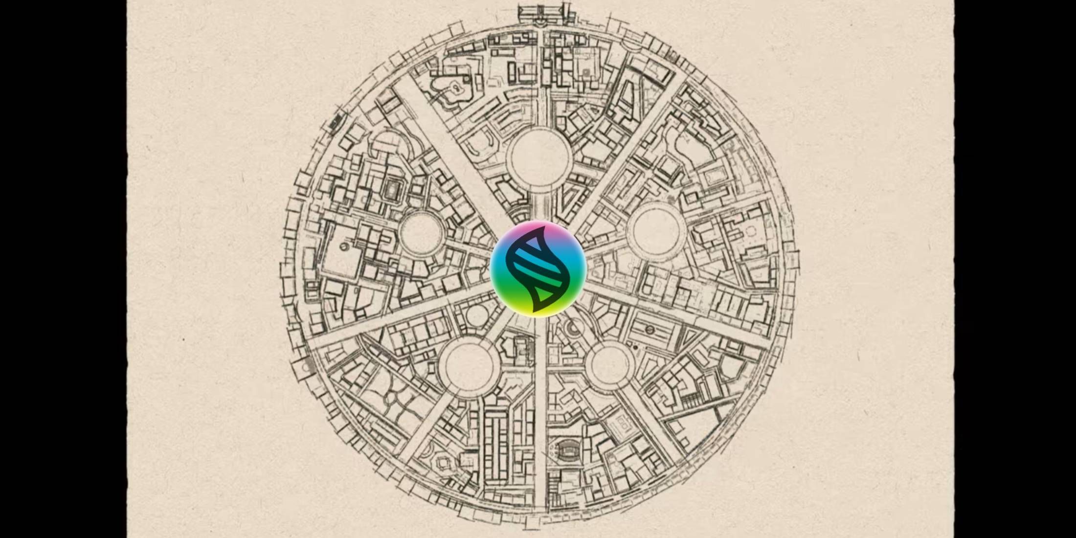 Mega Evolution logo on the blueprint of Lumiose City from Pokemon Legends: Z-A's trailer