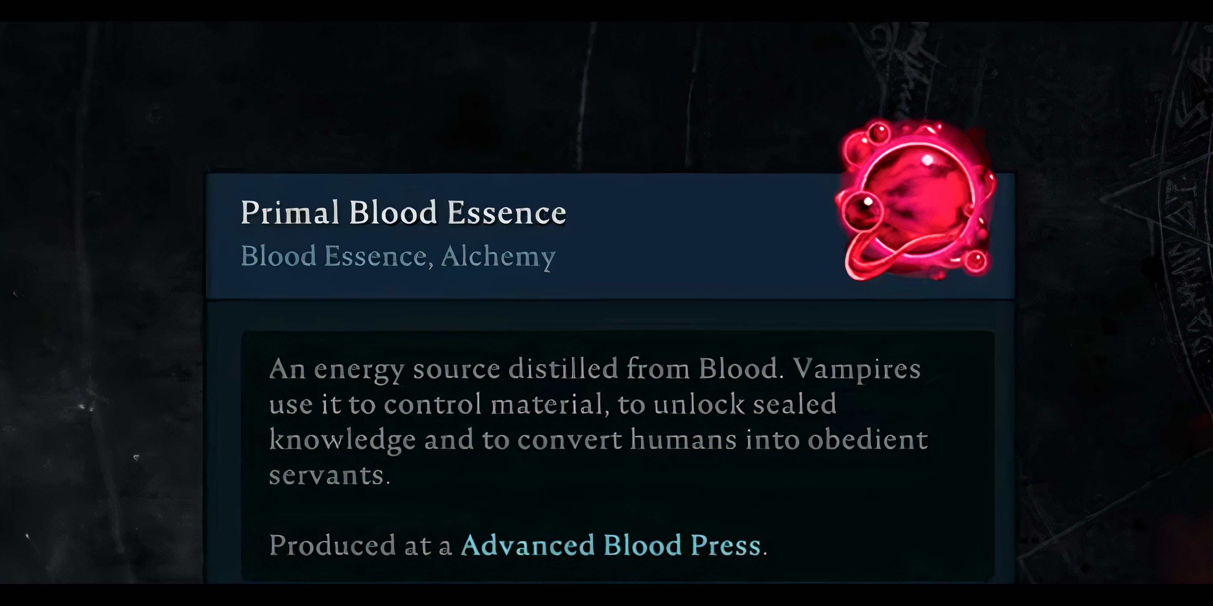 Readign the Primal Blood Essence item profile in V Rising