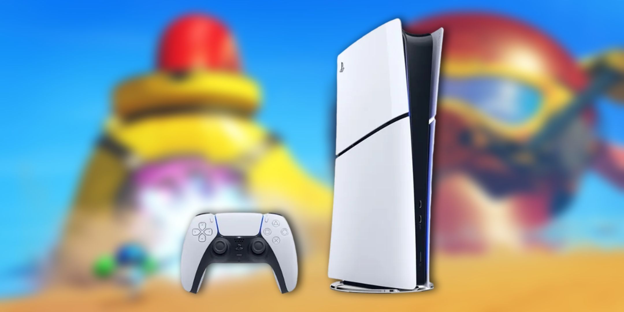 a PS5 in front of a blurred background from Astro Bot