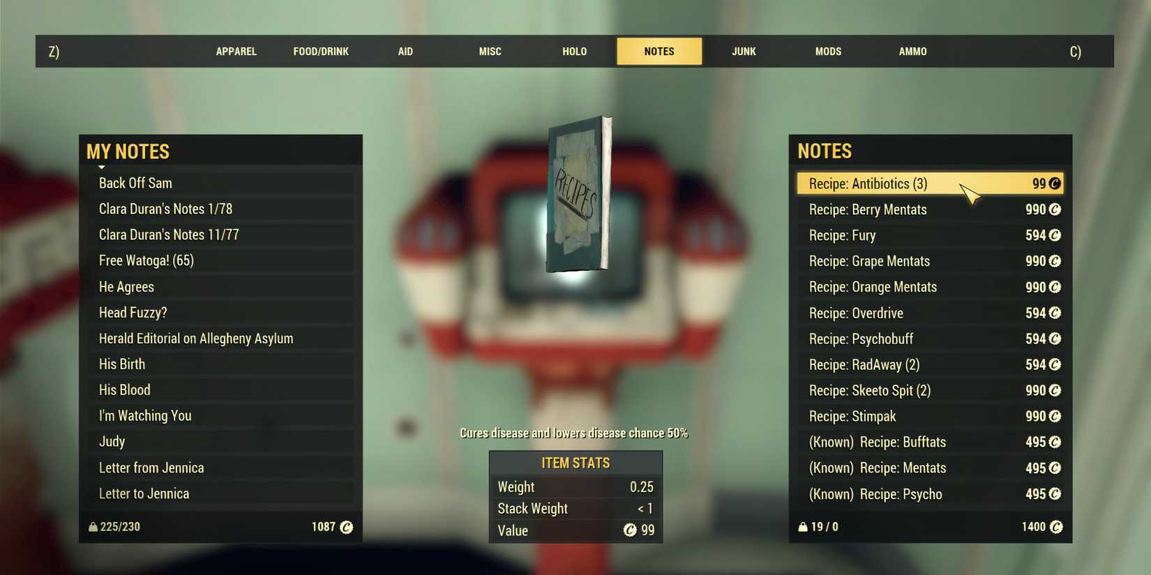 Purchasing the Antibiotics Recipe from the MODUS medical terminal in Fallout 76