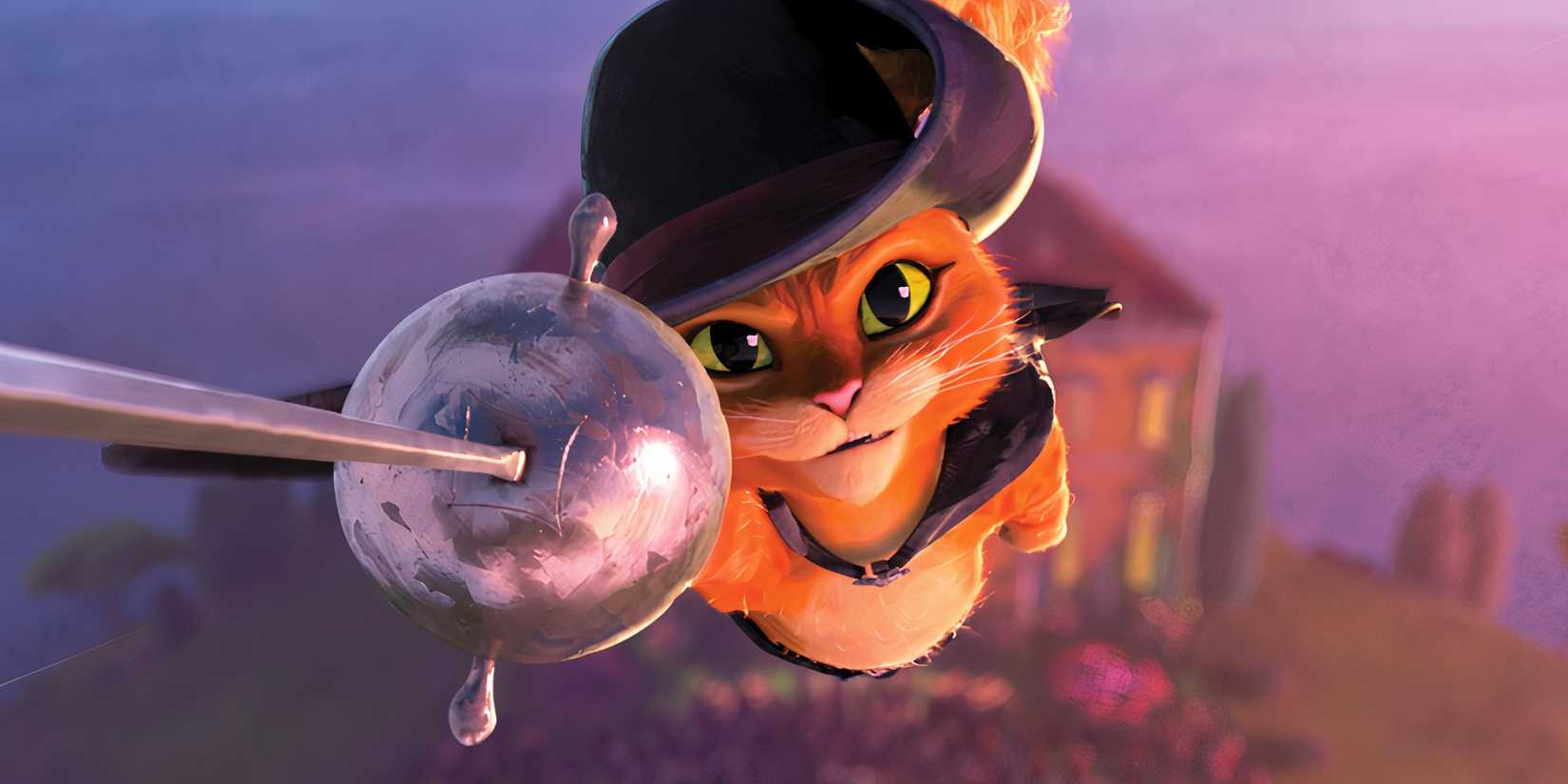 Puss in Boots soaring through the air