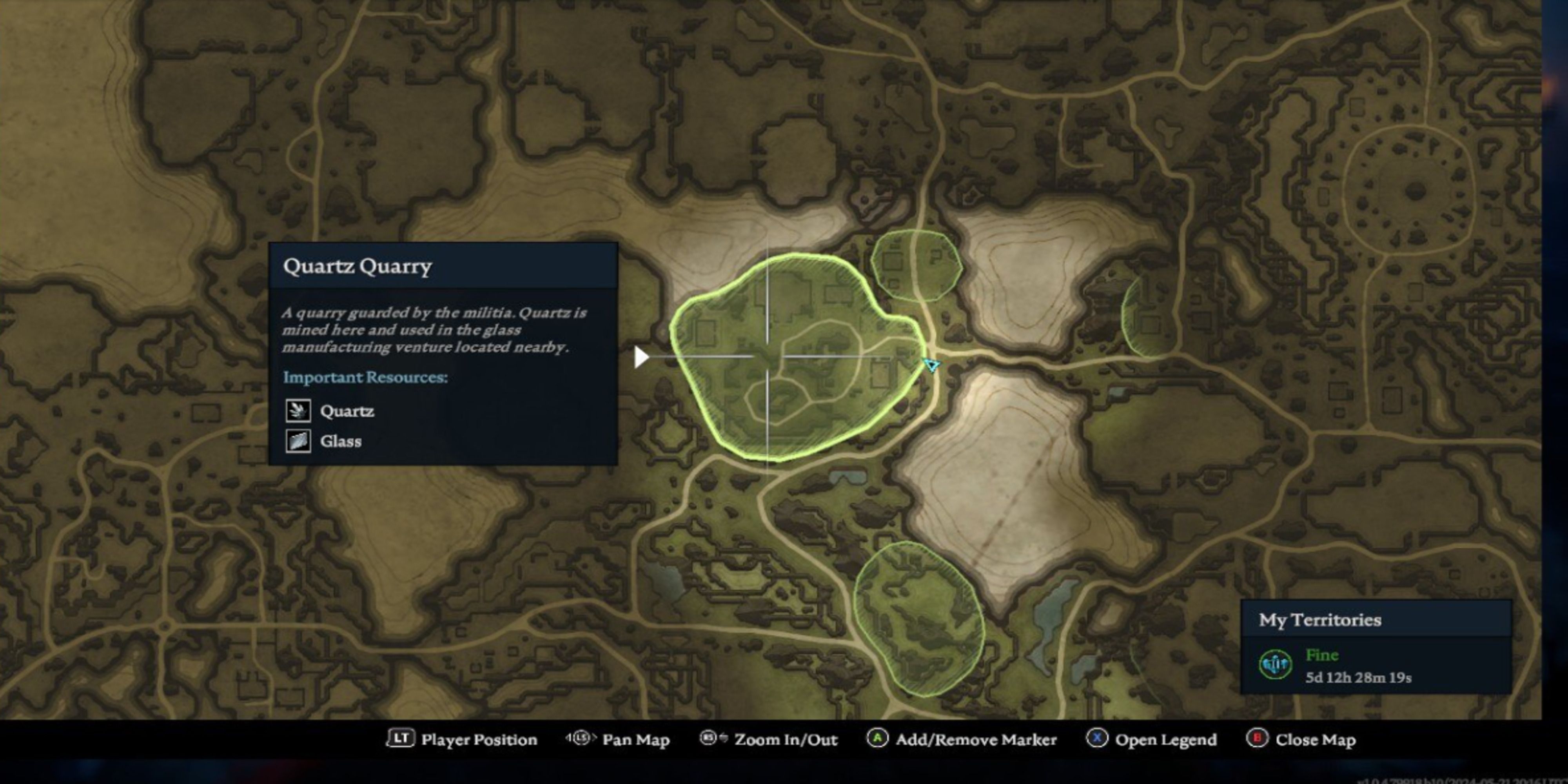 The Quartz Quarry location, in the Dunley Farmlands region, marked on the map in V Rising