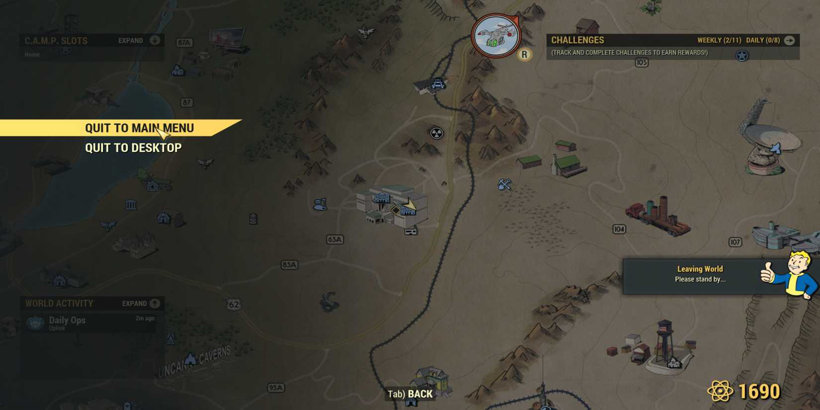 Quitting to Main Menu to changer servers in Fallout 76