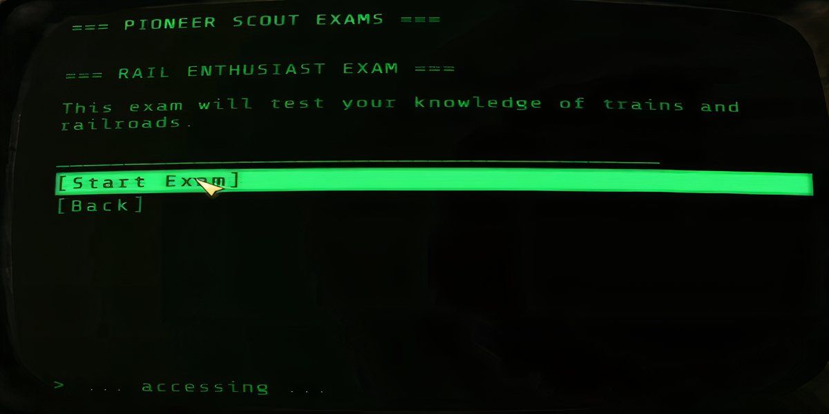 Taking the Rail Enthusiast possum exam in Fallout 76