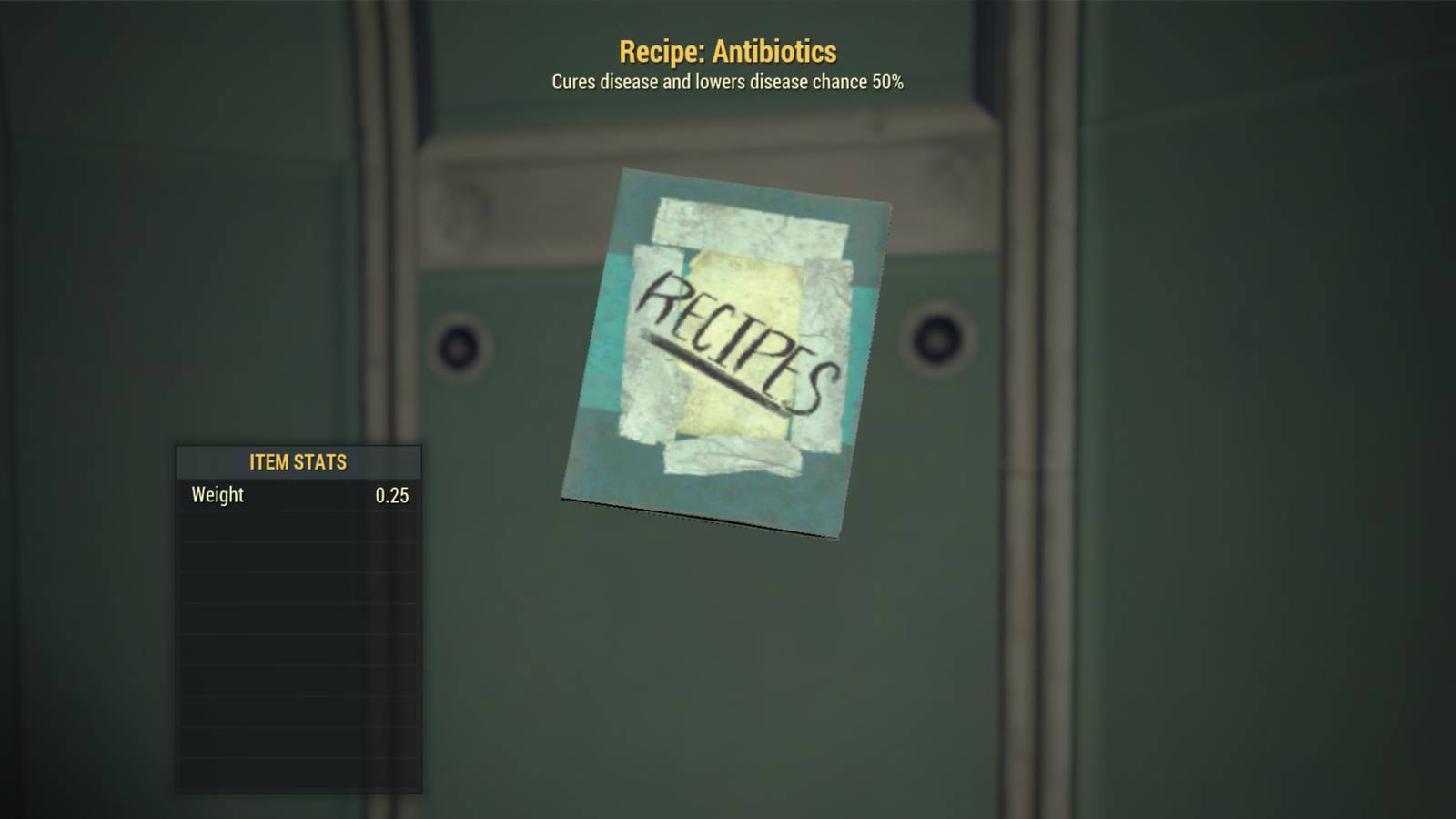 Inspecting the Antibiotics recipe in Fallout 76