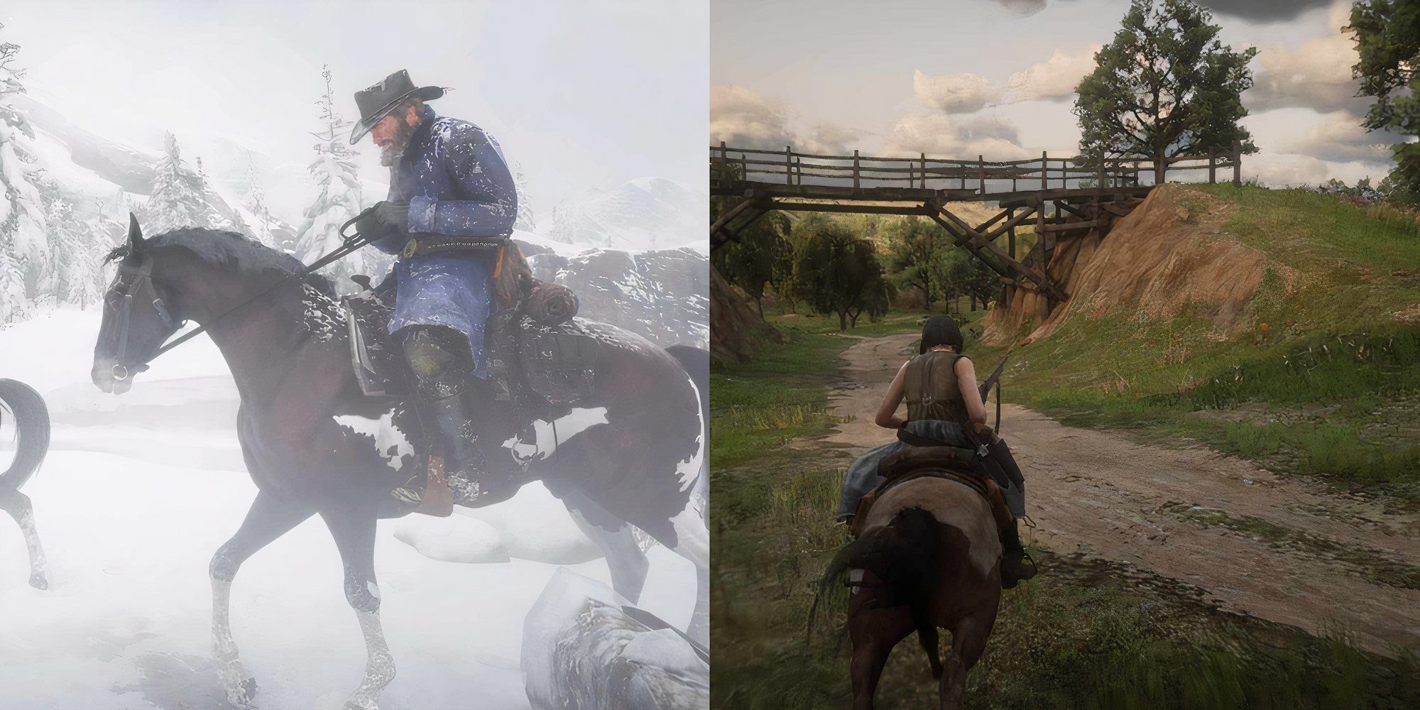 Arthur Morgan on a horse on the left, Online character on a horse on the right