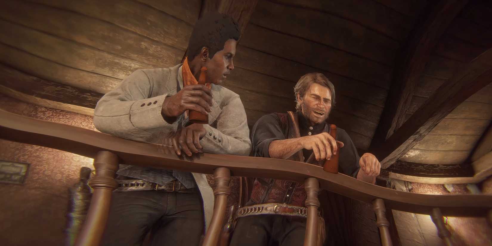 Arthur and Lenny enjoying drinks in RDR2