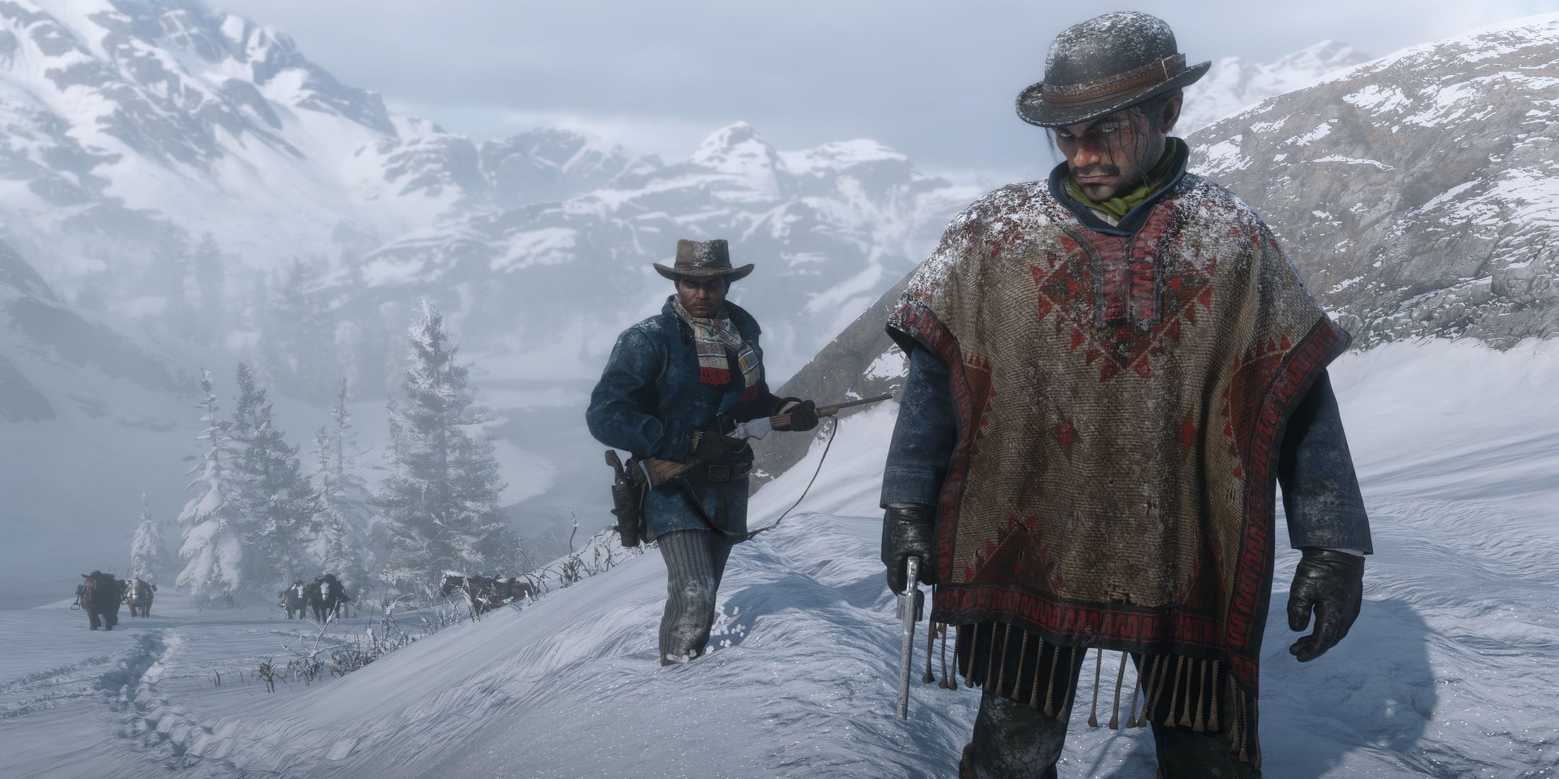 Red Dead Redemption 2 characters in snow covered mountains