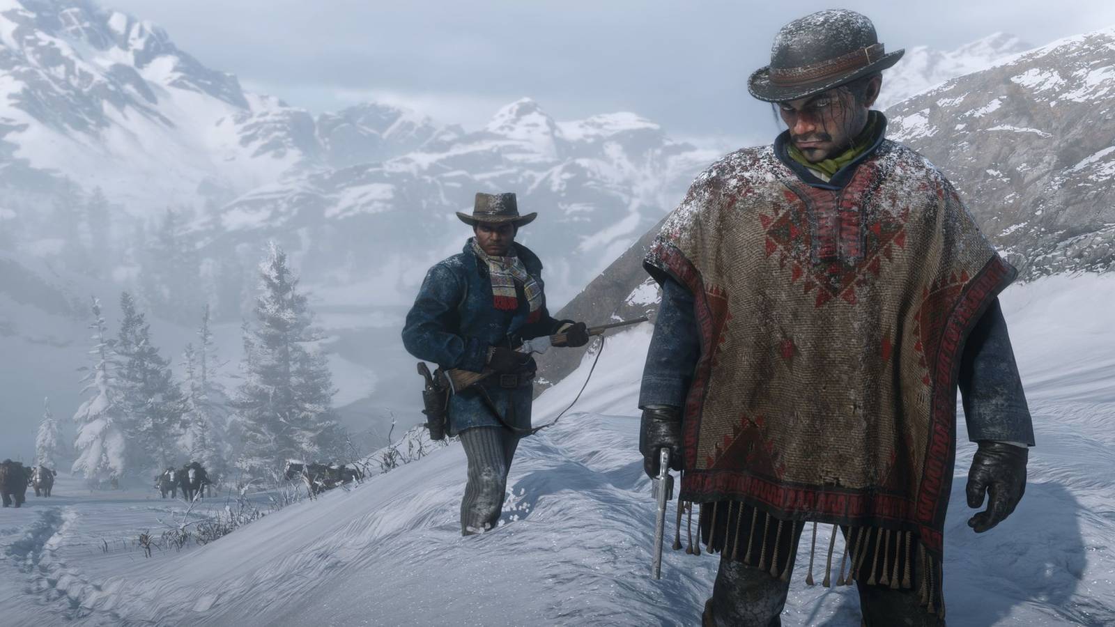Red Dead Redemption 2 characters in snow covered mountains