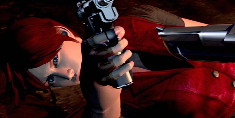 claire on the ground pointing two guns in resident evil code veronica