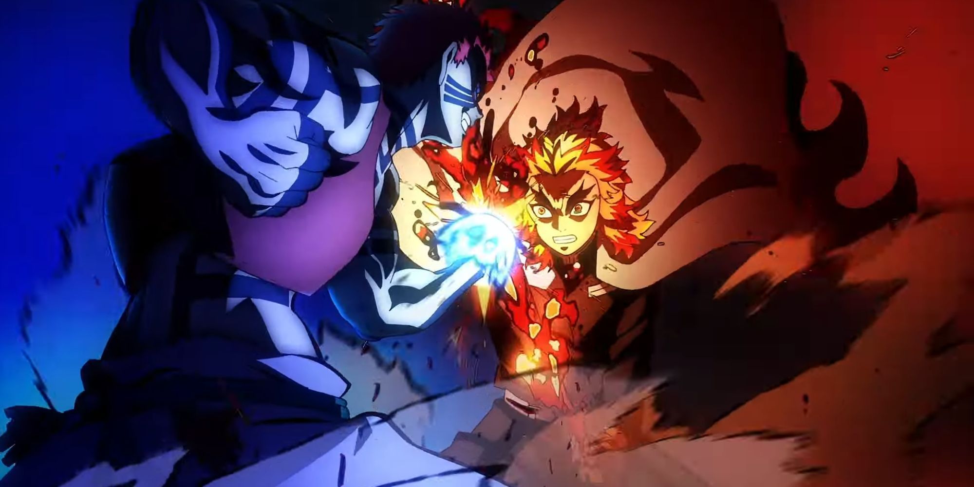 Rengoku and Akaza fighting in the second Demon Slayer opening.