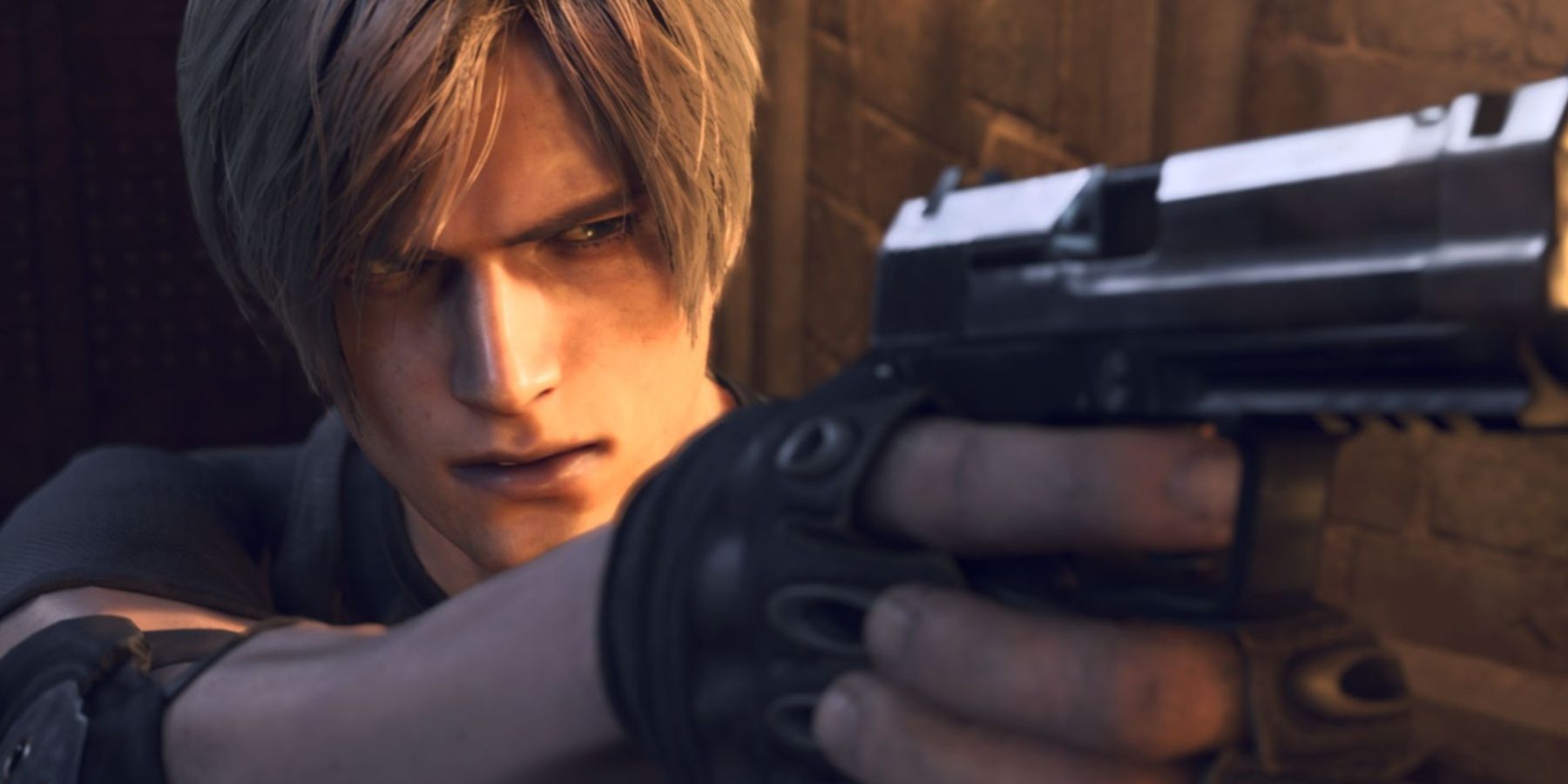 Resident Evil 4 Remake Leon S Kennedy pointing a pistol