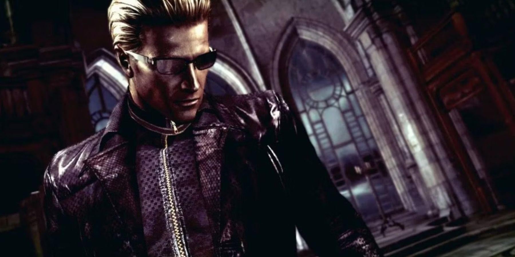 Resident Evil 5 Albert Wesker standing in front of two windows