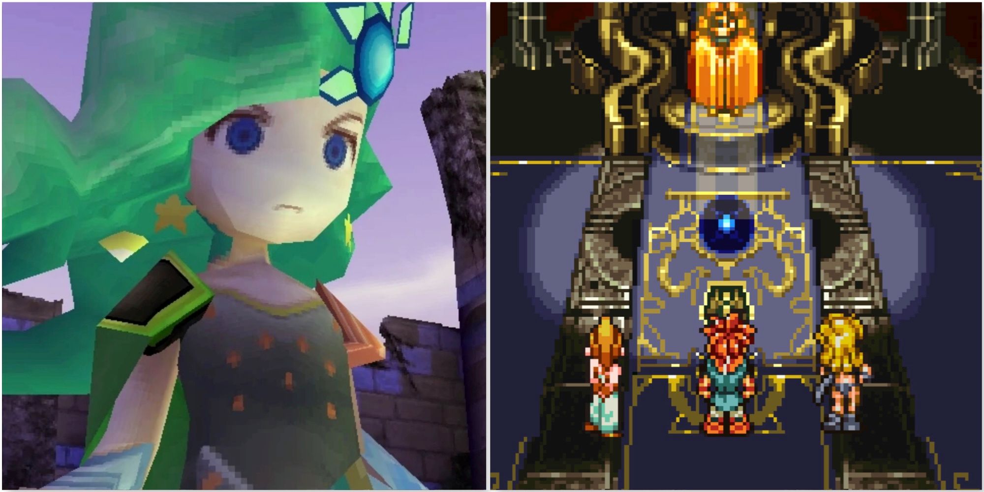 Rydia from Final Fantasy 4 and A scene featuring characters talking to Dalton in Chrono Trigger