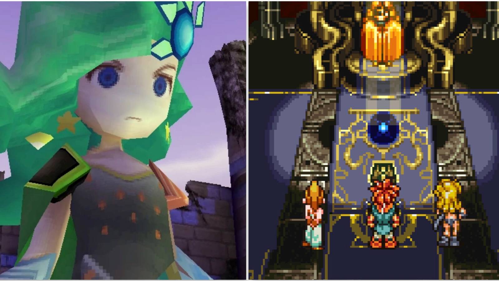 Rydia from Final Fantasy 4 and A scene featuring characters talking to Dalton in Chrono Trigger