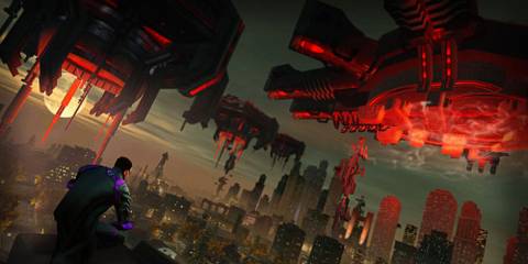 Alien ships bathed in red light hover iver a dark city, with the protagonist perched on a building in the bottom-left corner in Saints Row 4: Re-Elected