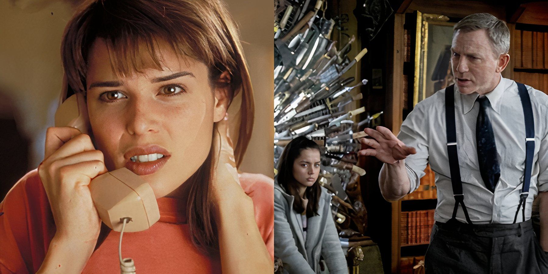 Split image of Sidney Prescott in Scream and Marla and Benoit in Knives Out