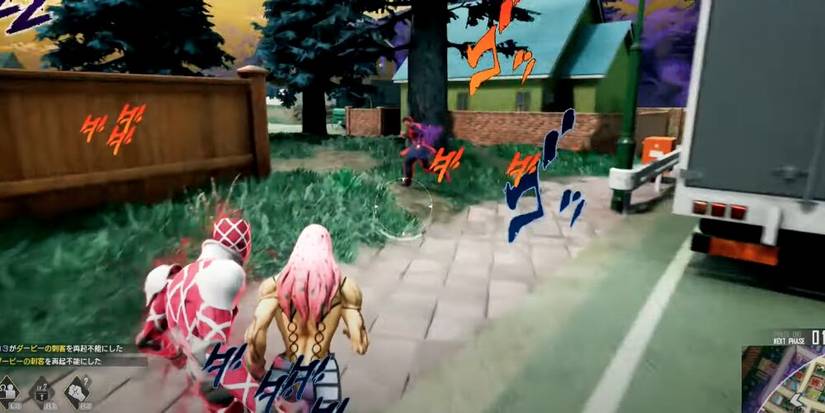 Diavolo aiming at Jotaro with his Stand in the middle of a town 