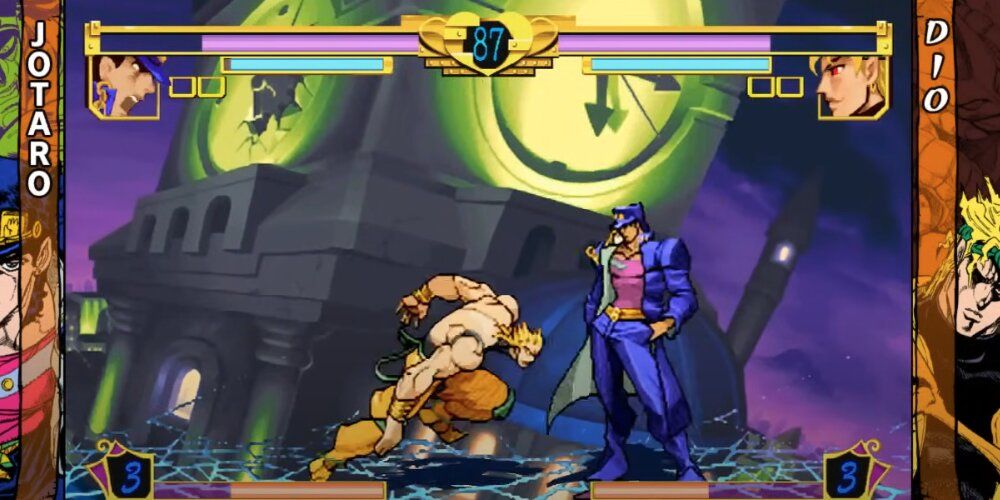 Dio and Jotaro fighting in front of a large clocktower 