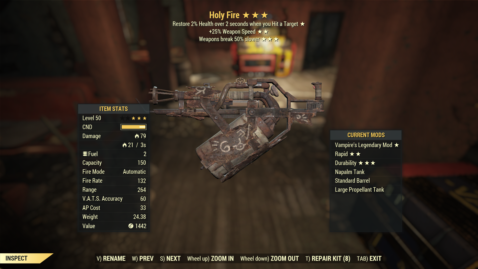 Holy Fire's base stats in Fallout 76