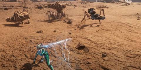 Eve charging up Tempest attack with three sand enemies in the background 