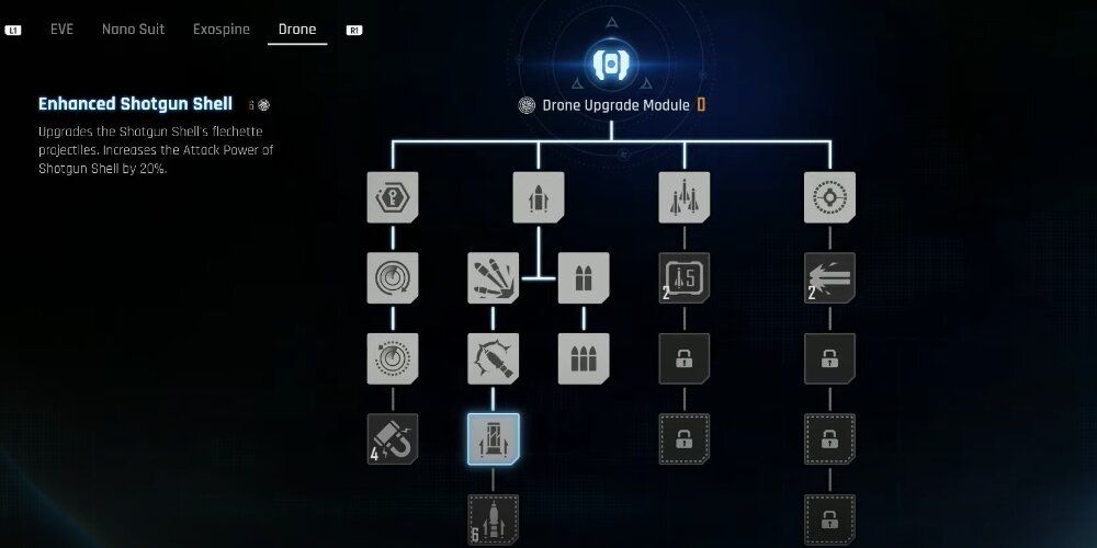 Drone upgrade tree with new upgrades included in Stellar Blade 