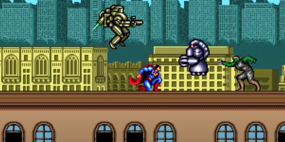 Superman in a crouched position surrounded by three enemies on the top of a skyscraper in Superman (1992) 