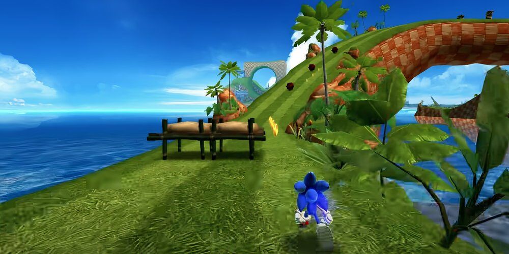 Sonic running across a green path with rings in the background 