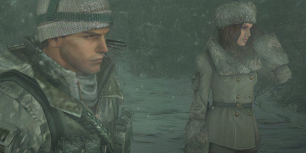 Chris and Jessica on a snowy mountain in Resident Evil Revelations