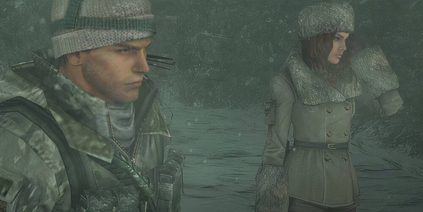 Chris and Jessica on a snowy mountain in Resident Evil Revelations