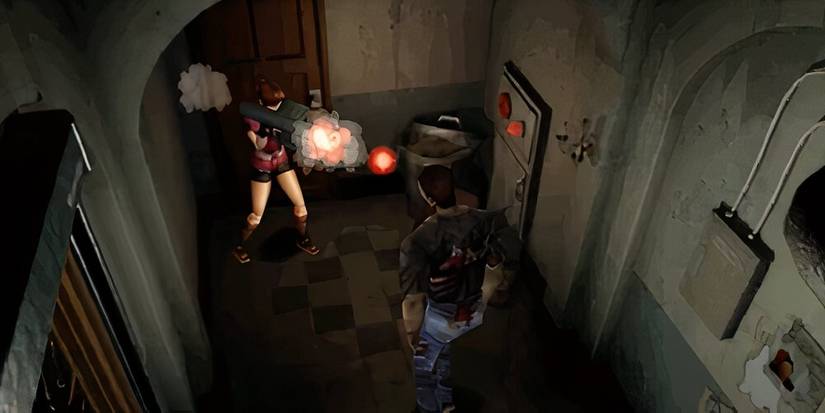 Claire firing a rocket at a nearby zombie inside the RPD in Resident Evil 2