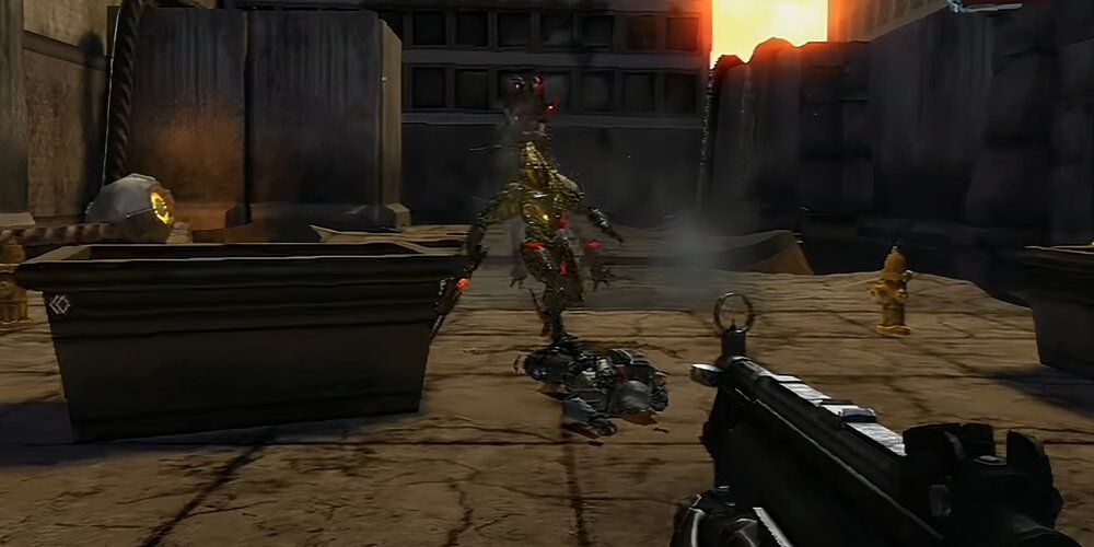 Player aiming an SMG at a reptilian enemy 