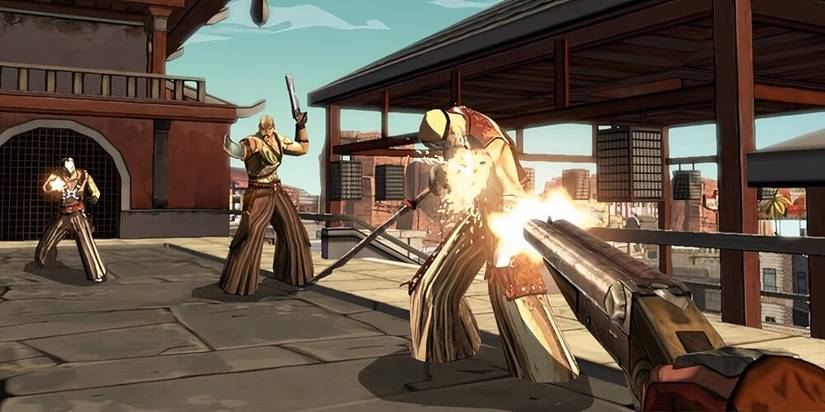 Player shooting an enemy bandit with a double barred shotgun with two enemies in the background 