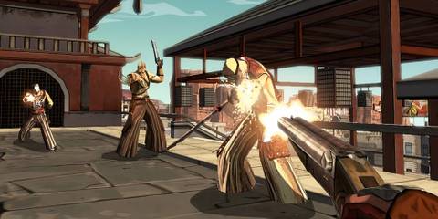 Player shooting an enemy bandit with a double barred shotgun with two enemies in the background 