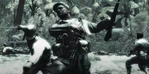 Japanese soldier slashing a swear at a US soldier from behind in a jungle 