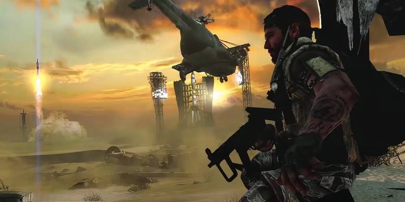 Woods looking out at the sky with a helicopter in the background and missiles flying in the air 