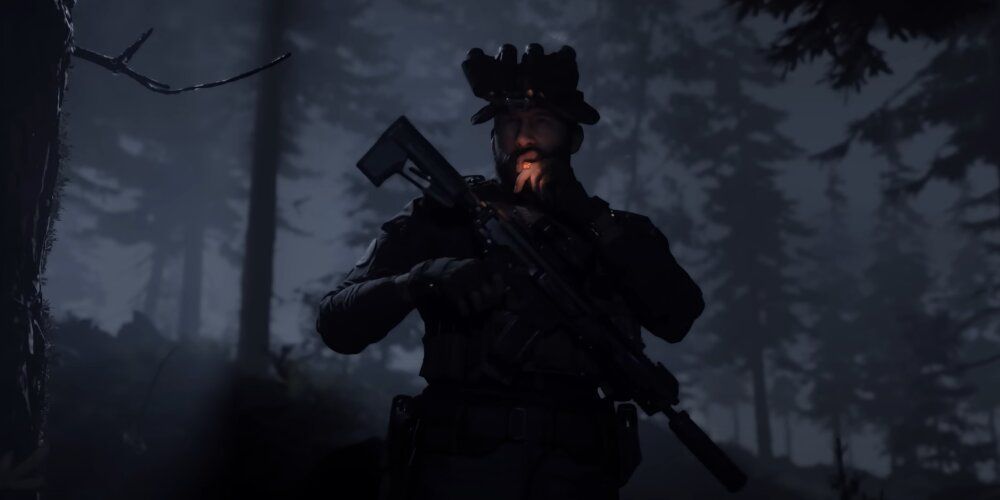Captain Price smoking a cigar in the middle of a dark forest 