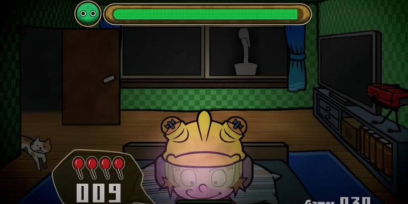 Young boy playing a game in bed with a man in the window and a cat by the door 