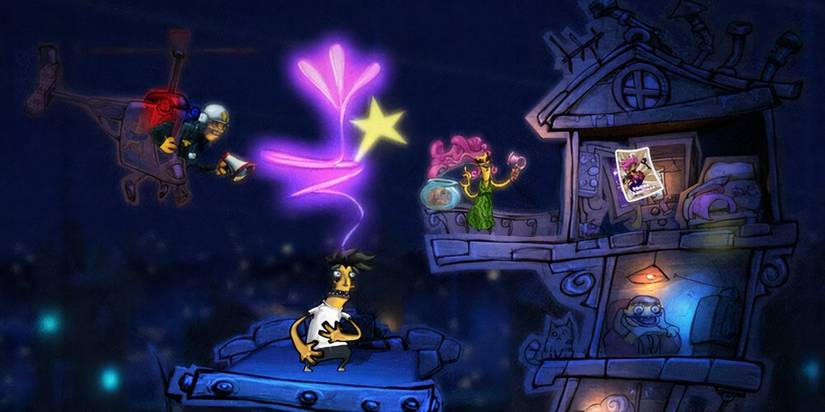 Three characters standing on platforms with a neon light in the sky and a helicopter 